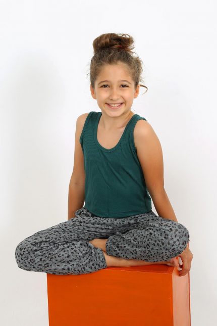 Modelisse - Kız Çocuk Sıfır Kol Zümrüt Yeşili Penye Pijama Takım 20433
