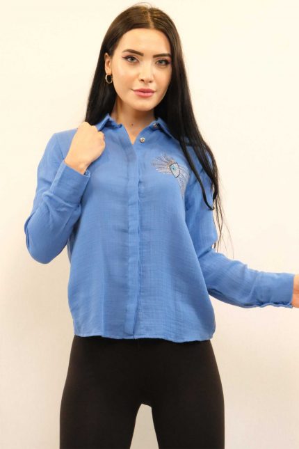 Modelisse - Taşlı  Keten Gömlek MC2301 İndigo