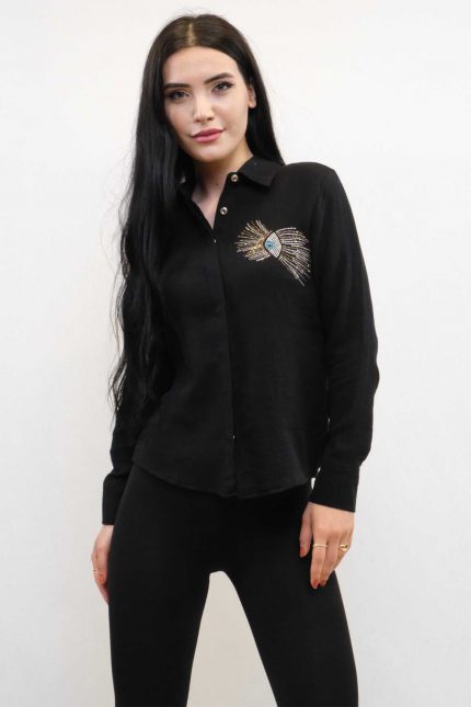 Modelisse - Taşlı  Keten Gömlek MC2301 Siyah