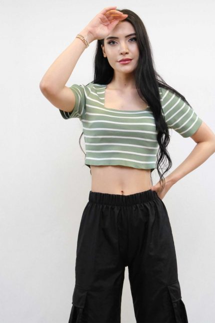 Modelisse - Triko Crop Çizgili Mint