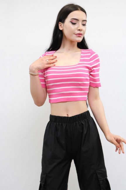 Modelisse - Triko Crop Çizgili Pembe