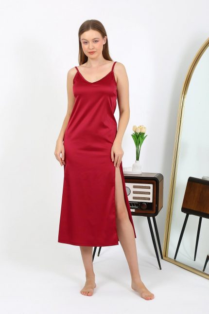 Modelisse - Yırtmaçlı Uzun Saten Gecelik Bordo 7410