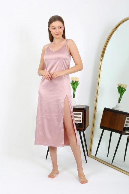 Modelisse - Yırtmaçlı Uzun Saten Gecelik Pudra 7410