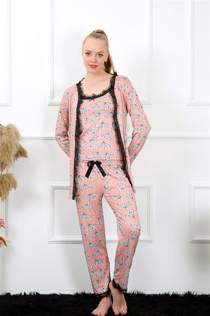 Modelisse - Kadın 3'lü Somon Sabahlık Pijama Takım 16103