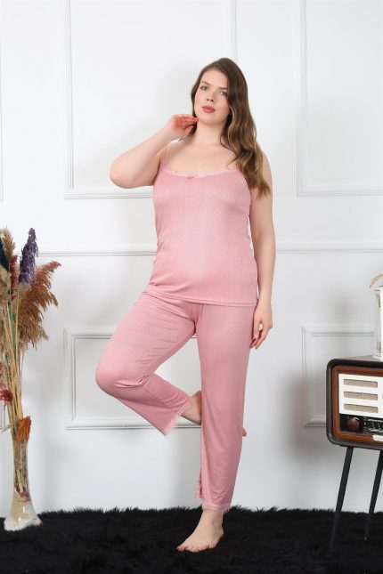 Modelisse - Kadın Büyük Beden Pudra İp Askılı Pijama Takım 202195