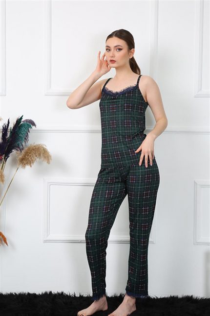 Modelisse - Kadın İp Askılı Yeşil Ekoseli Pijama Takım 4135