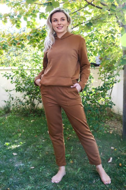 Modelisse - Kadın Pamuk Kapşonlu Cepli 3 İplik Kahve Eşofman Takım 9037