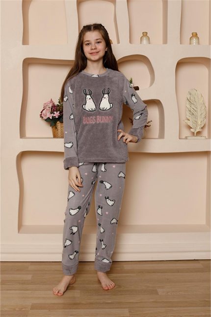 Modelisse - Kız Çocuk WelSoft Polar Gri Pijama Takımı 20524