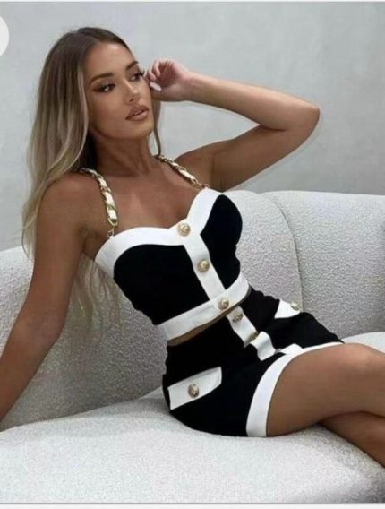 Kadın Dalgıç Kumaş Düğme Ve Zincir Detaylı Ikili Takım