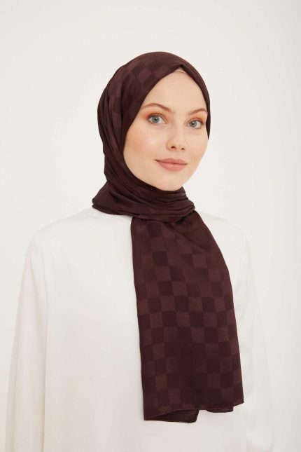 Armine Trend Jakarlı Koyu Mürdüm Dama Desen Diamond şal 2-23035