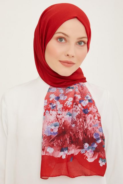 Armine Trend Kırmızı Degrade Geçişli Sulu Çiçek Desen Şal 5376-05