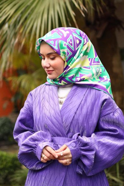 Silk Home Mor Yeşil Karma Desen Tivil İpek Eşarp 11427-15
