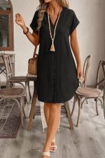 Kadın Kısa Kollu önden Düğmeli Ithal Keten Elbise - Görsel 2