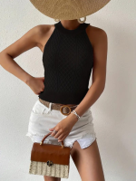 Kadın Kolsuz Halter Yaka Mini Baklava Desenli Triko Bluz - Görsel 3