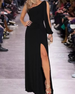 Tek Omuz Açık Derin Yırtmaçlı Krep Tam Boy Elbise - Görsel 2