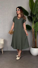 Kadın Kısa Kollu V Yaka Salaş Maxi Boy Elbise - Görsel 2