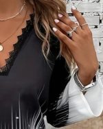 Kadın Uzun Kollu V Dantel Yaka Desenli Modal Bluz - Görsel 2