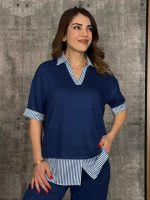 Kadın Modal Kumaş çizgili Gömlek Yaka Ikili Takım - Görsel 2