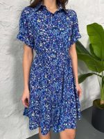 Baskılı Keten Elbise - Lacivert-Beyaz - Görsel 2