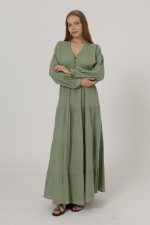 Önü Yarım Düğmeli Uzun Kol Kemerli Elbise - Haki - Görsel 3