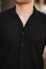 Erkek Ottoman Kumaş Apaj Yaka Kısa Kollu Gömlek - Görsel 3