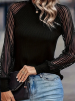 Kadın Uzun Kollu Tül Detaylı Bisiklet Yakalı Kaşkorse Bluz - Görsel 2