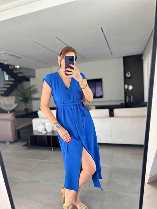 0408a7b92a9d7d575b406c432ddf1f14 Kadınn V Yaka Düğme Detay Kuşak Dahil Elbise - Görsel 1