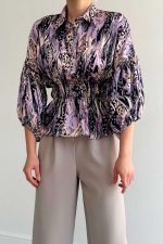 Beli Lastikli Saten Gömlek - Lila - Görsel 2