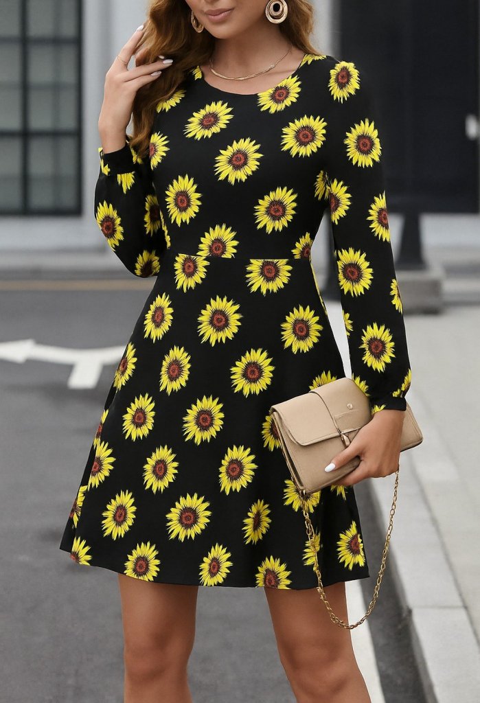 04198347648e3f8bcec2 Kadın Uzun Kollu Bisiklet Yaka Desenli Kısa Krep Elbise - Görsel 1