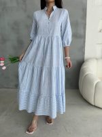 ÇİZGİLİ KETEN HAKİM YAKA DÜĞMELİ SALAŞ ELBİSE - Mavi - Görsel 3