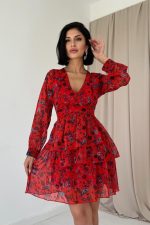 Kırmızı Kat Kat Şifon Elbise - Görsel 3