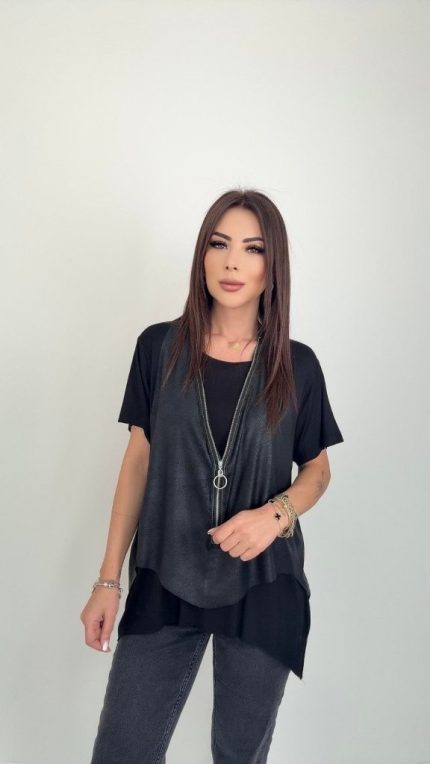 Kadın Kısa Kollu Yuvarlak Yaka Viskon Bluz + Kolsuz Fermuarlı çatlak Deri Yelek