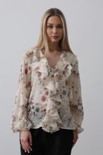 Volanlı Çiçek Desen Şifon Gömlek - Krem - Görsel 2