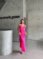 JAKARLI ASKILI SATEN ELBİSE ASİMETRİK - Pembe - Görsel 2