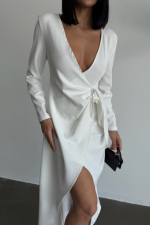 KRUVAZE BROŞ DETAYLI ELBİSE - Beyaz - Görsel 3