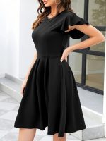 Kadın Kelebek Kollu Bisiklet Yakalı Pileli Ithal Krep Elbise - Görsel 3