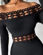 Kadın Uzun Kollu Madonna Dantel Yaka Yırtmaçlı Midi Dalgıç Elbise - Görsel 2