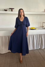 V YAKA DÖKÜMLÜ ELBİSE - Lacivert - Görsel 3