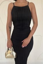 Siyah Piliseli Halter Boyun Elbise - Görsel 3