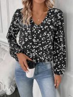 Kadın Uzun Kollu V Yakalı çiçek Desenli Modal Bluz