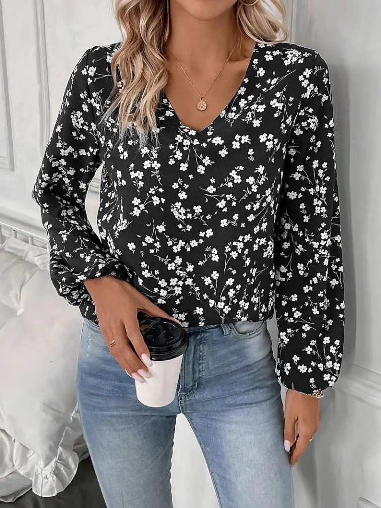 091a5eb5cde9f440d4b5 Kadın Uzun Kollu V Yakalı çiçek Desenli Modal Bluz - Görsel 1