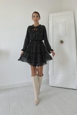 Siyah Eteği Katlı Puantiyeli Elbise - Görsel 2