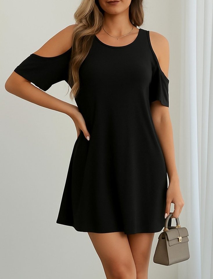 09afb6e253ef717dc9b643f7656bb0b6 Kadın Kısa Kollu Omuz Pencere Detay Kiloş Viskon Elbise - Görsel 1