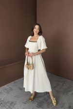 Bej Arkası Bağlamalı Keten Elbise - Görsel 3