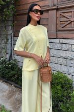 Hakim Yaka Çapraz Düğmeli Plazzo Pantolon Viscon Keten Takım 10209 - Görsel 2