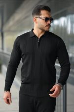 Erkek örgü Desen Fermuar Yaka Uzun Kollu Triko