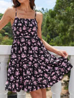 Kadın Askılı çiçek Desenli Süprem Mini Elbise - Görsel 3