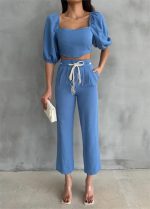 KETEN CROP KARPUZ KOL BLUZ-PANTOLON HASIR KEMERLİ - Mavi - Görsel 3