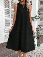 Kadın Kolsuz Bisiklet Yaka Cepli Midi Keten Elbise - Görsel 2