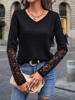 Kadın Uzun Kollu V Yakalı Dantelli Waffle Bluz - Görsel 2